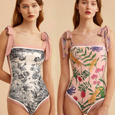 Vintage Floral Print One-Piece Triangle Micro Bikinis Sexy Swimsuit Pink Swimwear Women With Cover Up Summer Beach 2022 Luxury